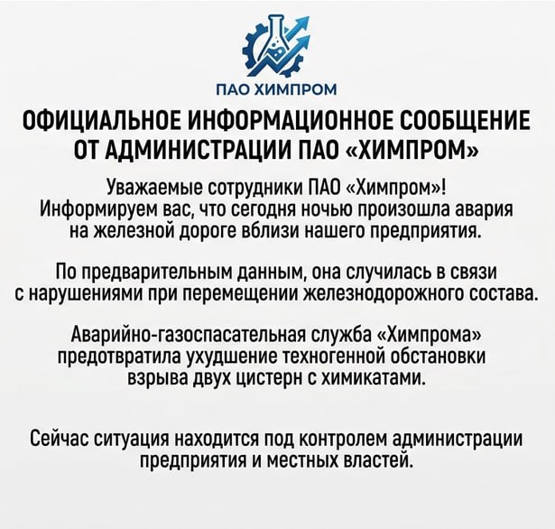 Информируем вас, что сегодня ночью произошла авария на железной дороге вблизи нашего предприятия.